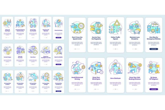 Driving Safety Mobile App Screen Set Graphics for Modern Branding