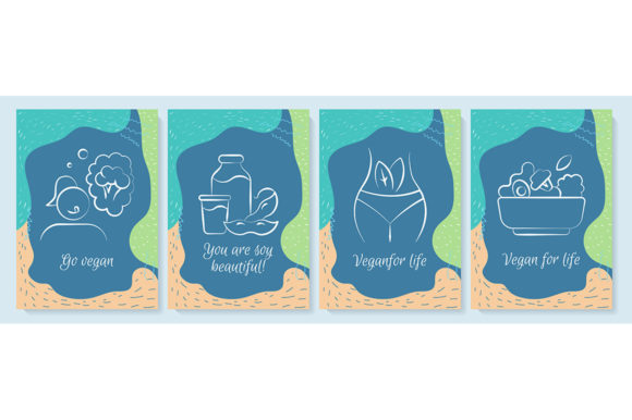 Vegan Dieting Postcards with Linear Icon Graphics